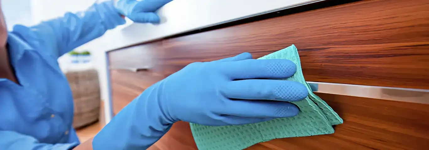 Cleaner wearing blue gloves wiping a wooden cabinet drawer with a microfiber cloth for dust and grime removal, Glendale, AZ.