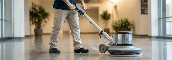 Professional technician using an industrial floor buffer to polish and maintain shiny commercial flooring in a corporate hallway in Glendale, AZ.