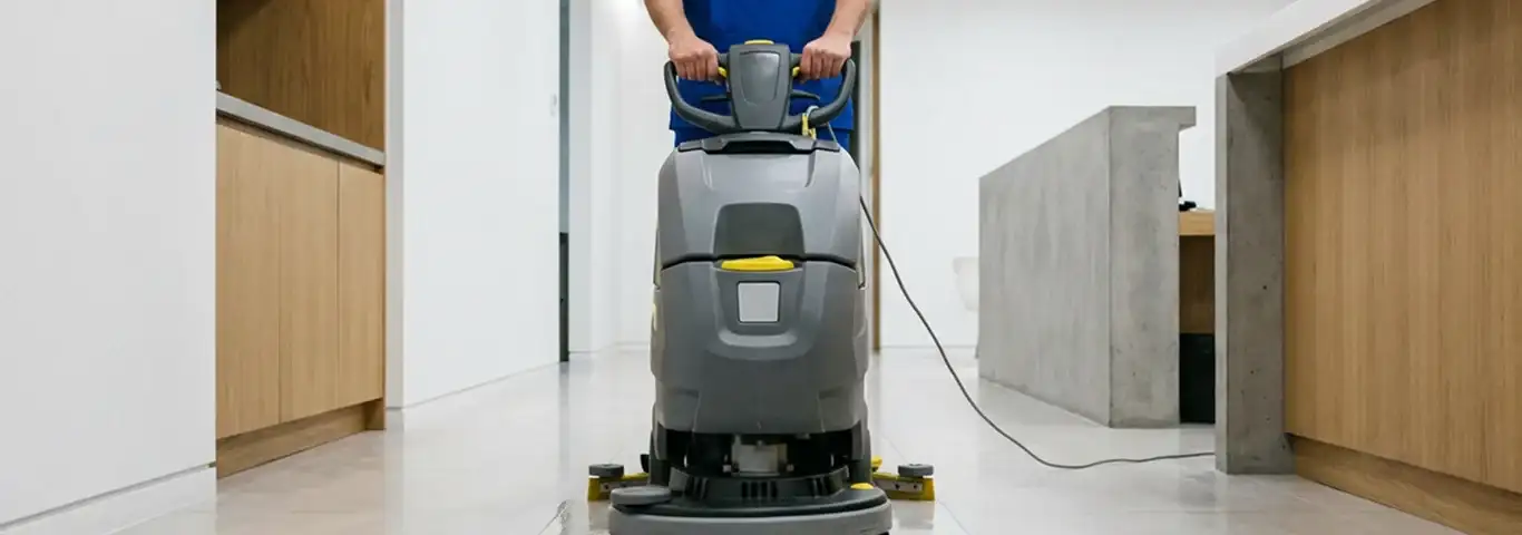 Janitorial staff using a floor scrubber machine to clean a commercial hallway, Glendale, AZ.