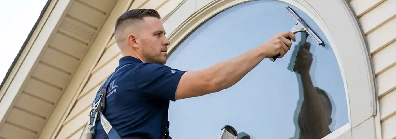 Professional window cleaner using a squeegee to clean an exterior arched window on a home, Glendale, AZ.