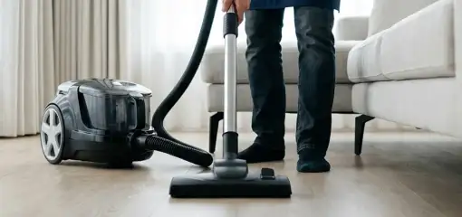Professional house cleaner vacuuming a living room floor with a canister vacuum cleaner, Glendale, AZ.