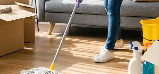 Move-out cleaning setup with a cleaner mopping hardwood floors near moving boxes and cleaning supplies, Glendale, AZ.