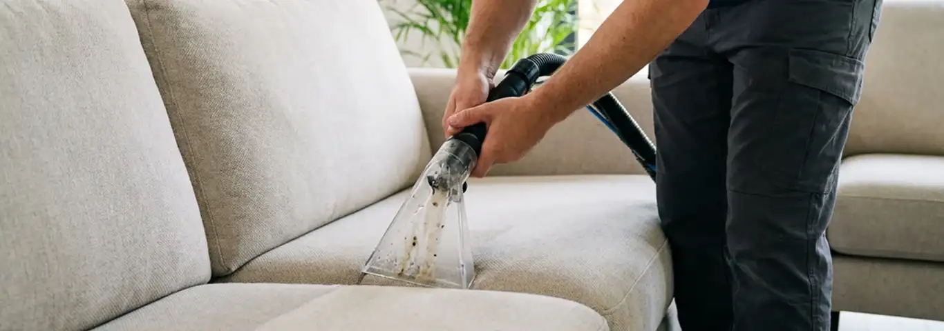 Technician extracting dirt and moisture from a fabric sofa with an upholstery cleaning wand, Glendale, AZ.