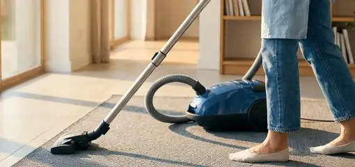 Person vacuuming a living room rug with a canister vacuum cleaner near large windows, Glendale, AZ.